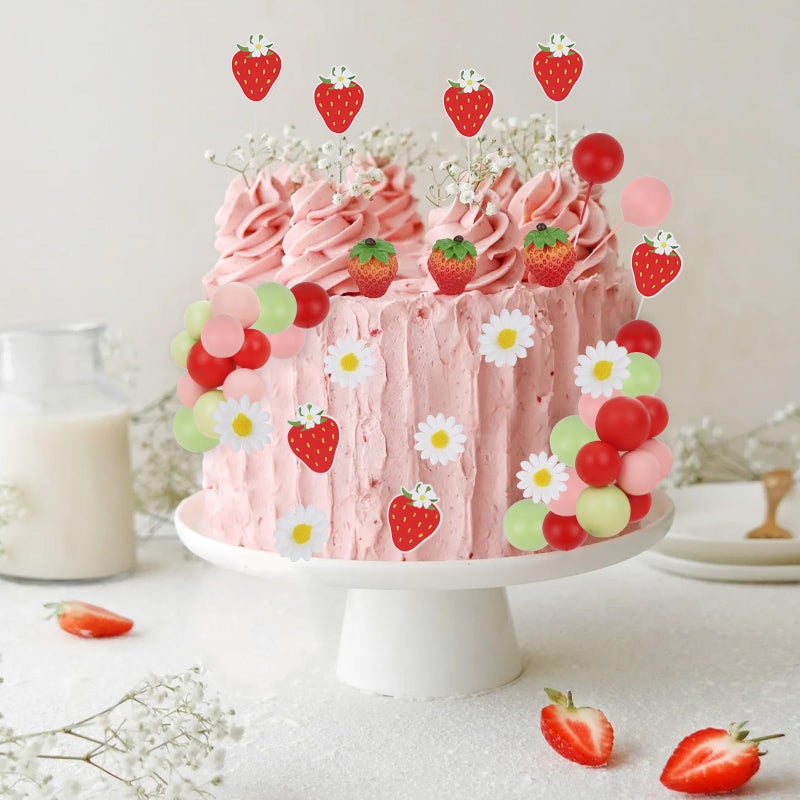 Cheereveal Strawberry Cake Figures Decorations for Girls - Strawberry Theme Birthday Cake Cupcake Toppers Ball Dessert Picks, Fruit Theme Birthday Party Baby Shower Celebration Photo Props - Image 2